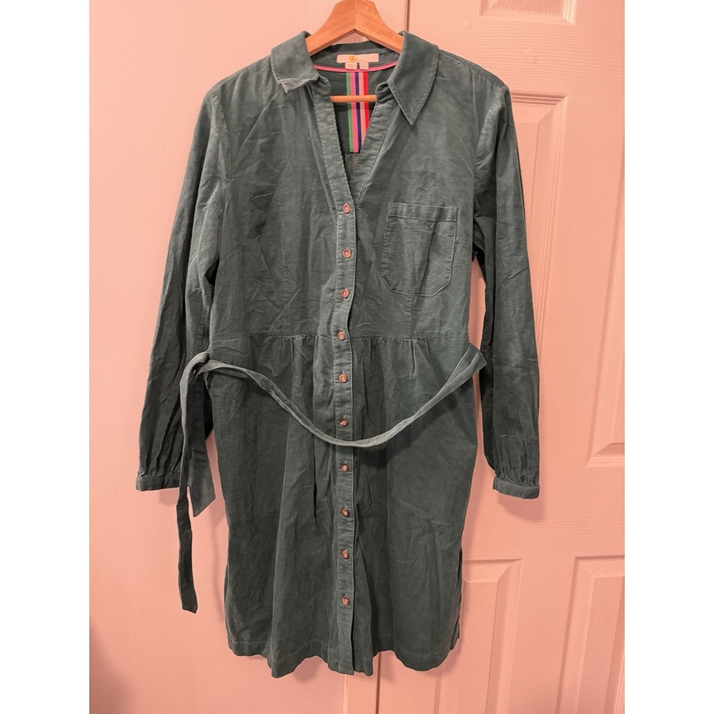 Boden Corduroy Shirt Dress Sz 12R Tie Waist Green Holiday Western Jewel